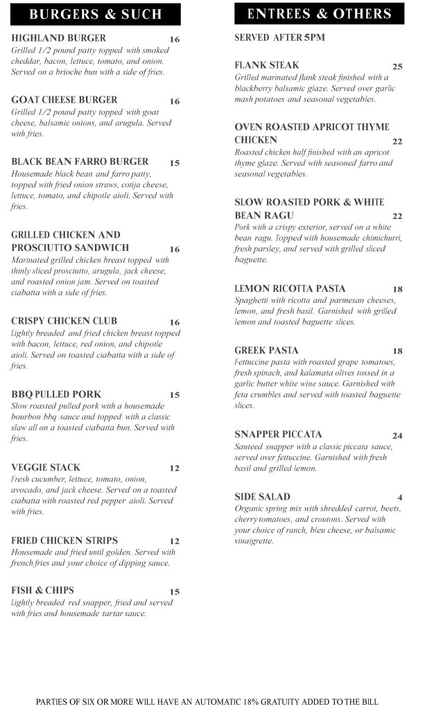 Menu - Mount Shasta Resort